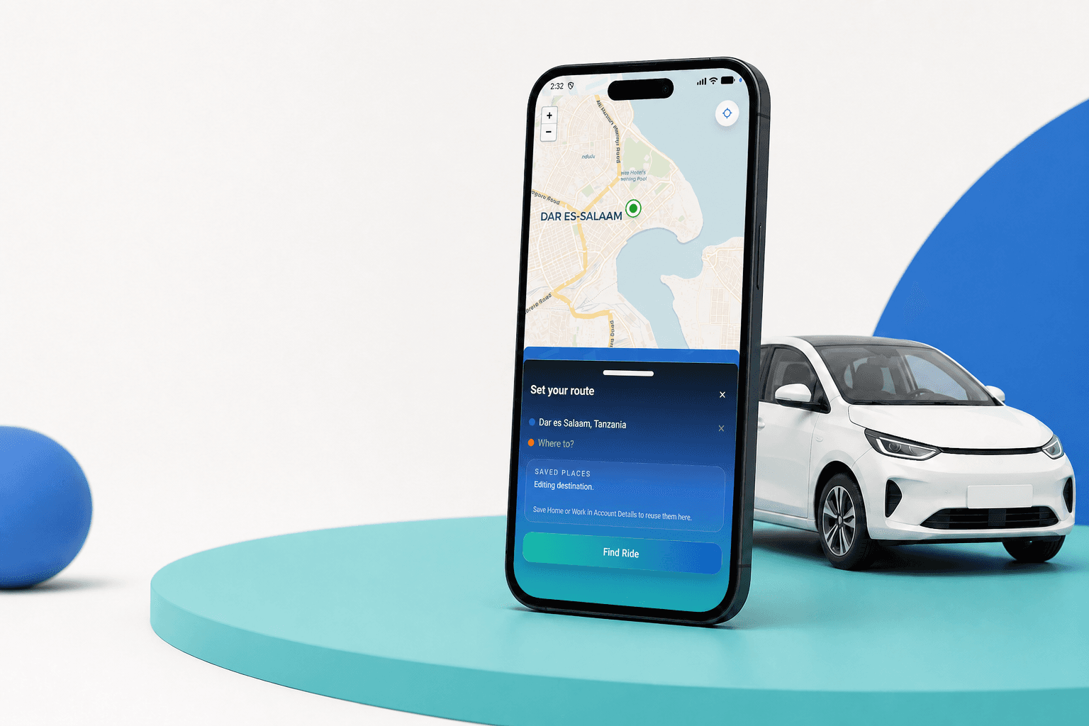 A smartphone showing the GoZidi ride map beside a white car